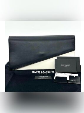 Saint Laurent Black and White Leather Diagonal Flap Clutch